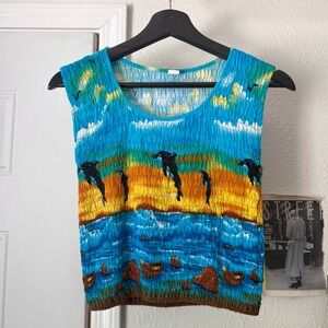 No label blue smocked dolphin orca tropical sunset stretch cropped tank top